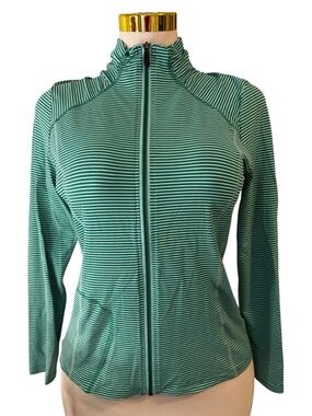 Lolë Women’s Large Green Striped Full Zip Jacket UPF 50+ Wicking Stretch